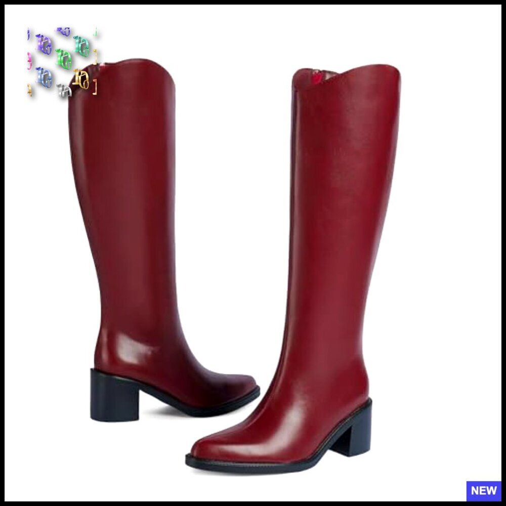 Knee High Boots Pointed Toe Chunky Block Heel Tall Riding Boots Side Zipper - Picture 5 of 7